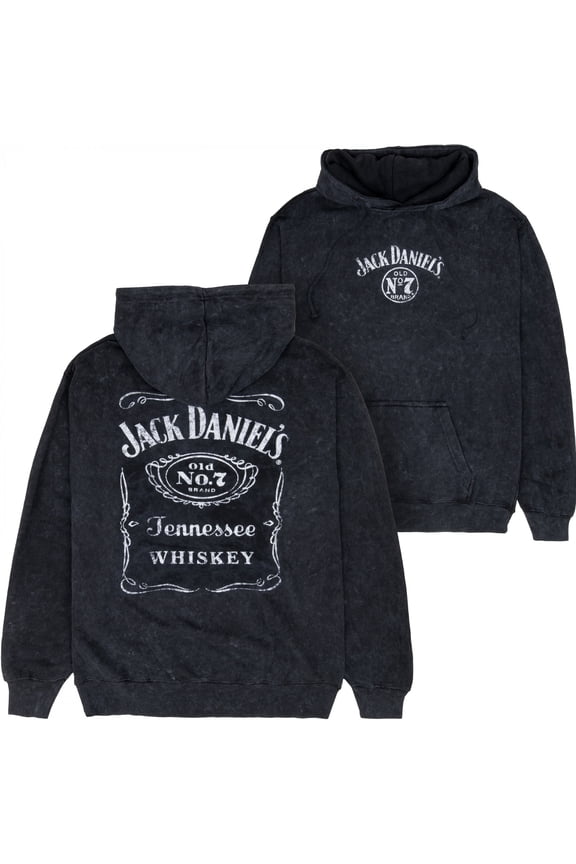 Jack Daniels Label Mineral Wash Front and Back Print Pull-Over Hoodie-XLarge