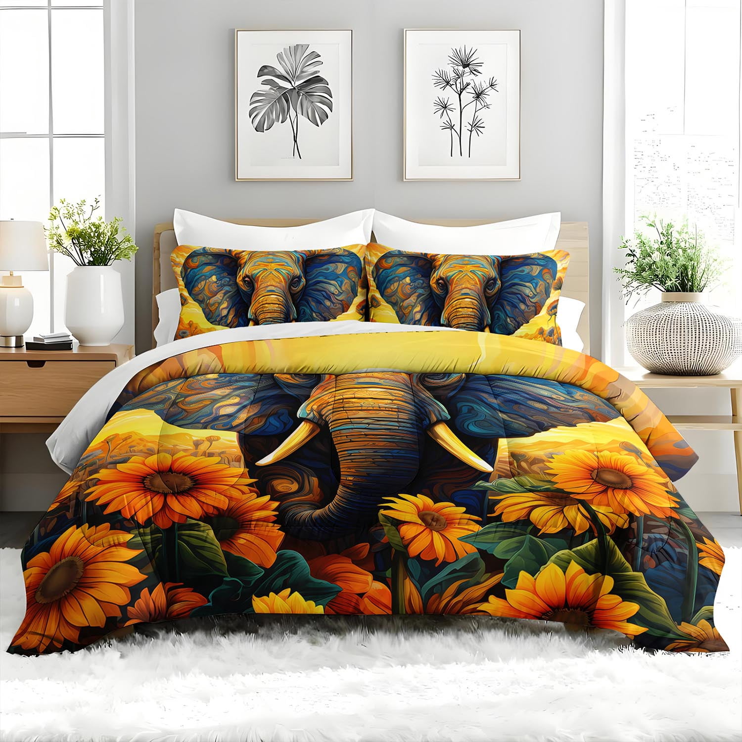 3pcs Artistic Elephant Comforter Set, Vibrant African Wildlife Bedding Set for Bedroom or Guest Room Decor, All Seasons Quilt Machine Washable Duvet with 2 Pillowcases
