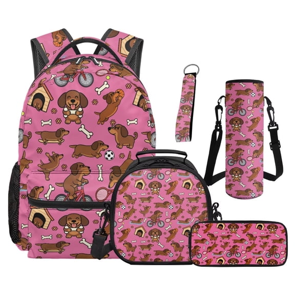 Binienty Dachshund Dog School Backpack With Lunch Box For Primary School Girls Large Capacity 5-In-1 School Bookbag With Small Lunch Bag Pencil Pouch Water Bottle Sleeve Keychain Children Day Pack