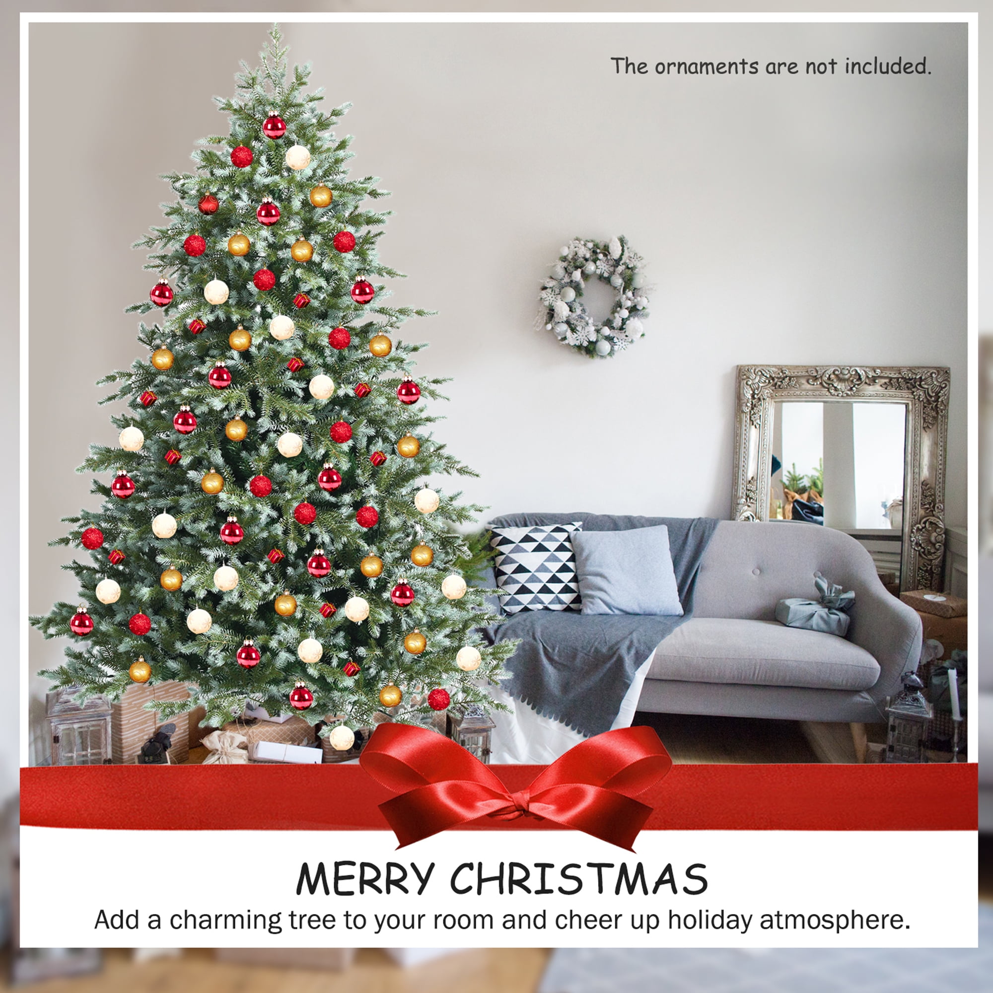 Gymax Green Hinged Full Hinged Artificial Christmas Tree, with Metal Stand 7'