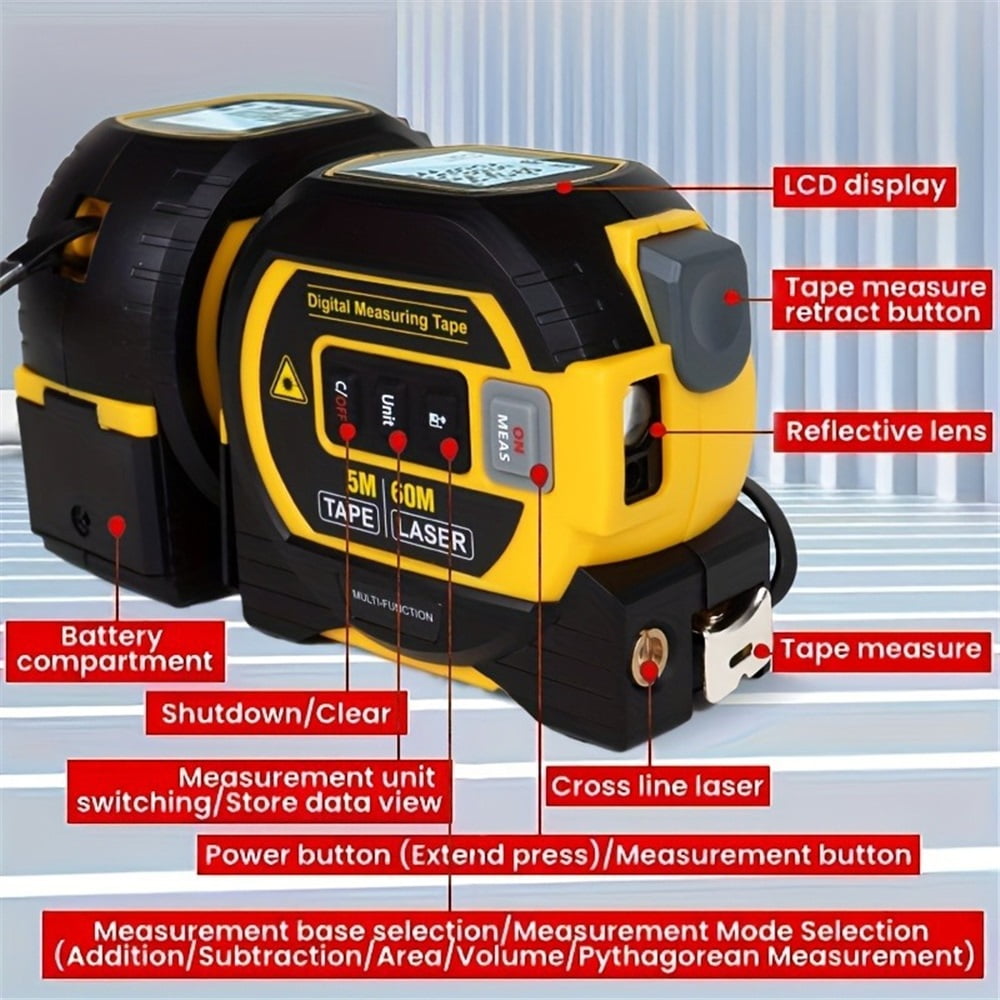 Laser Tape Measure 3 in 1 Digital Laser Distance Meters with LCD Display & self-Locking Device 60m Laser Measurement Tool（Battery not included）