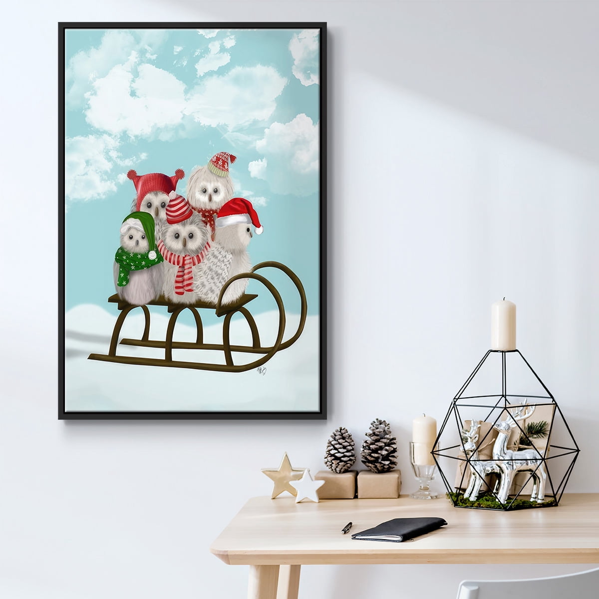 Christmas Christmas Owl Sled - Framed Gallery Wrapped Holiday Canvas - 27 x 41 - Black Frame