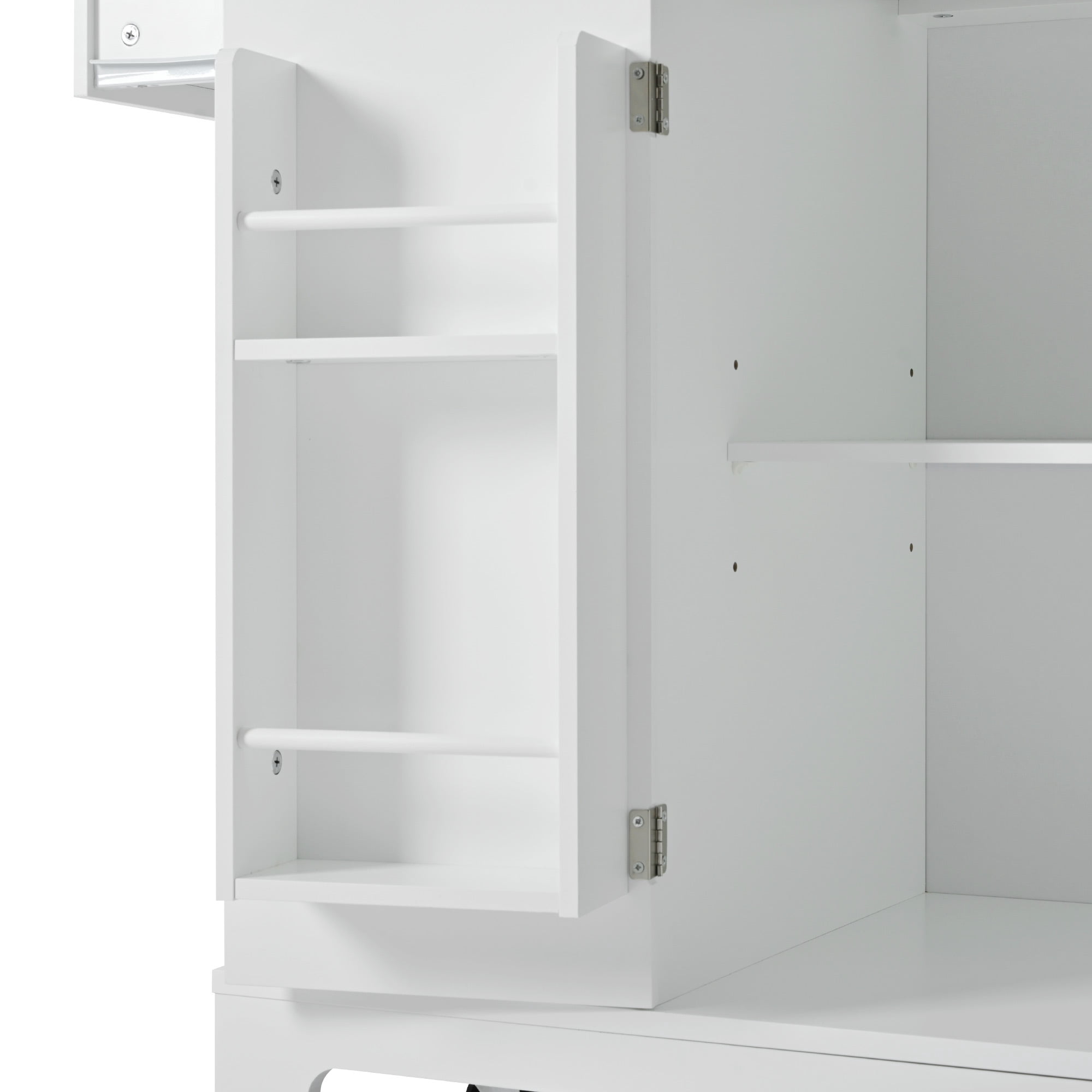 AENKYO Fluted Kitchen Island with Trash Can Storage Cabinet, Power Outlet, Internal Storage Rack, Rolling Kitchen Islands on 5 Wheels with 3 Drawer, 3 Open Side Racks for 10 Gallon Garbage Bin,White