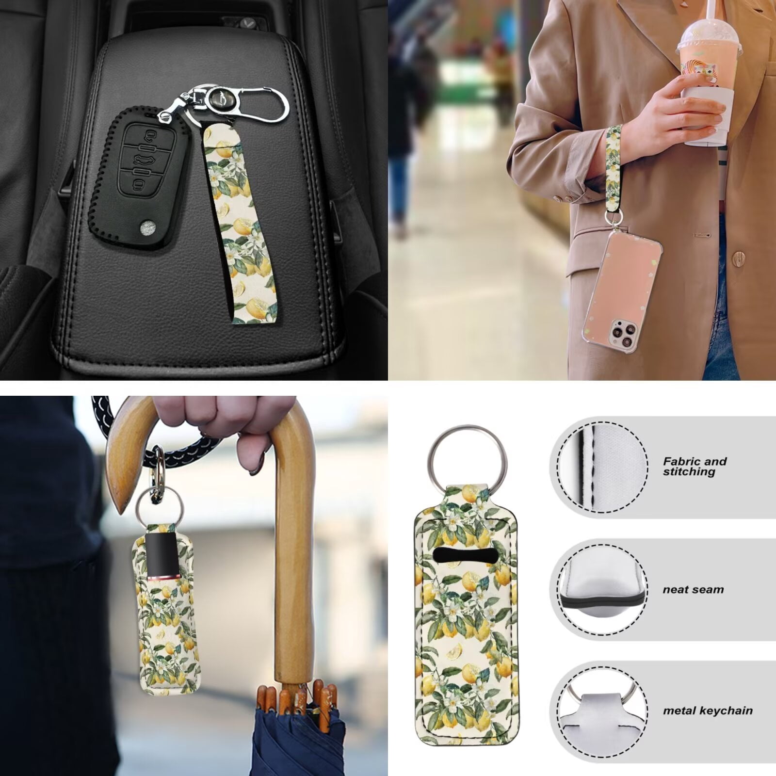 Garronmavis Lemon 13 Pcs Car Accessories Full Set Car Seat Covers Steering Wheel Cover,Armrest Cover Pad ,Key Chain,Chapstick,Car Coasters,Seat Belt Pads