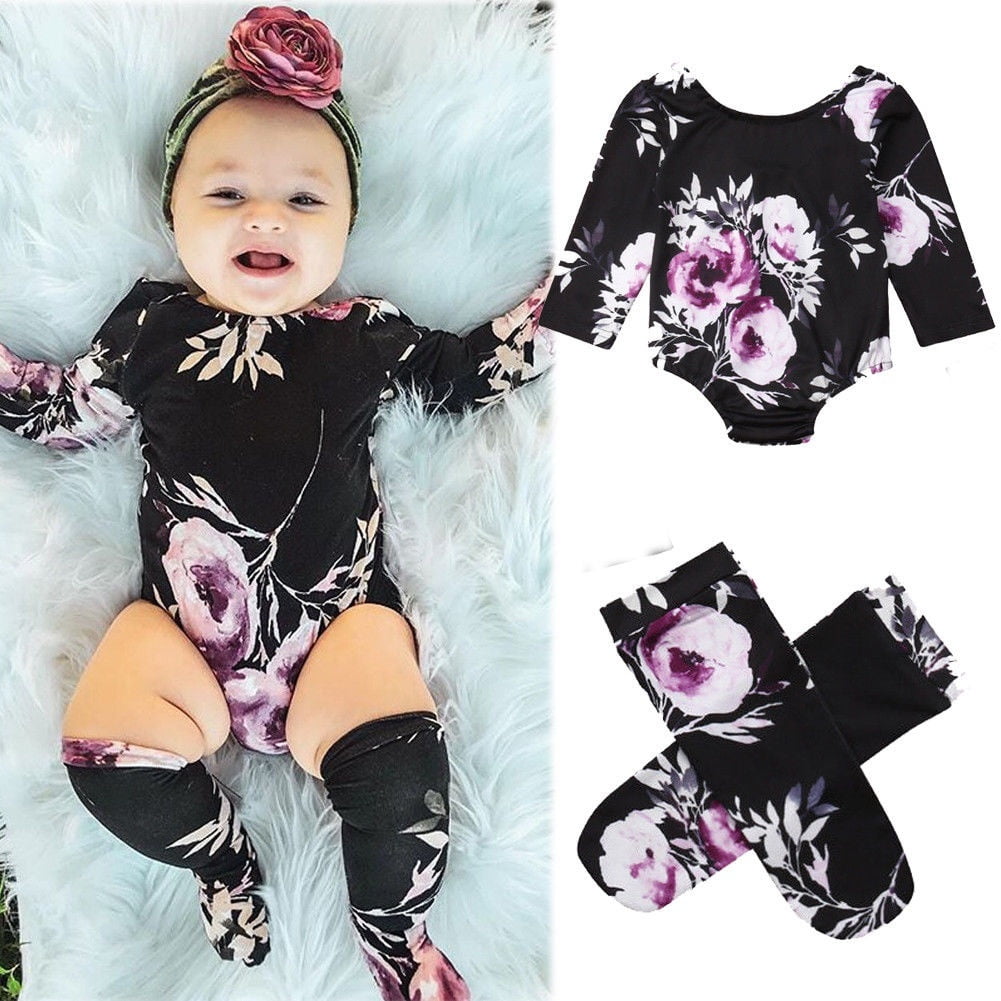 Toddler Baby Girls Cotton Floral Romper+Socks Jumpsuit Outfits Long ...