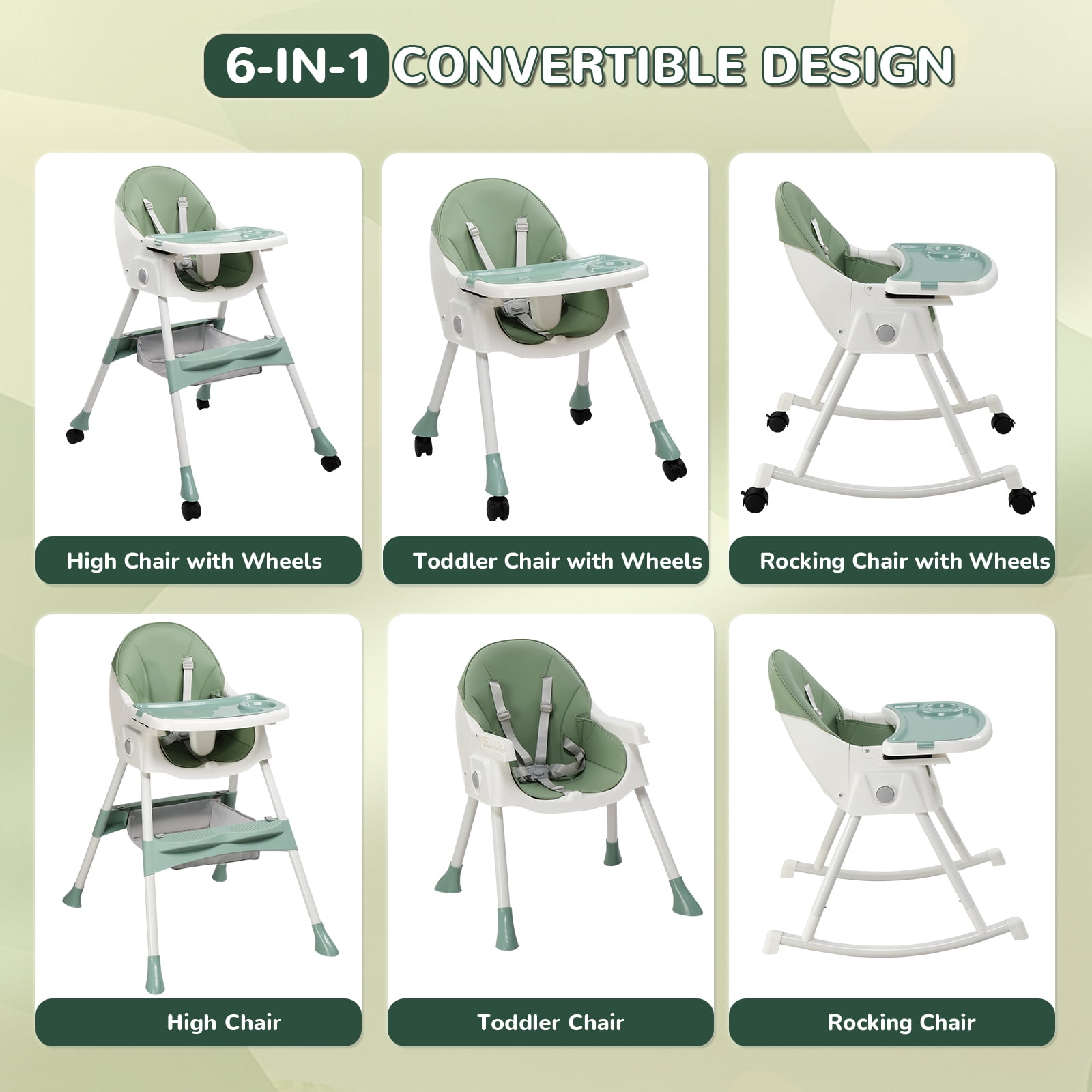 Ktaxon Baby High Chair, Convertible 6 in 1 High Chairs for Babies and Toddlers, Foldable Baby Highchair with 5-Point Safety Harness, Adjustable Dining Tray, Backrest & Height, Green