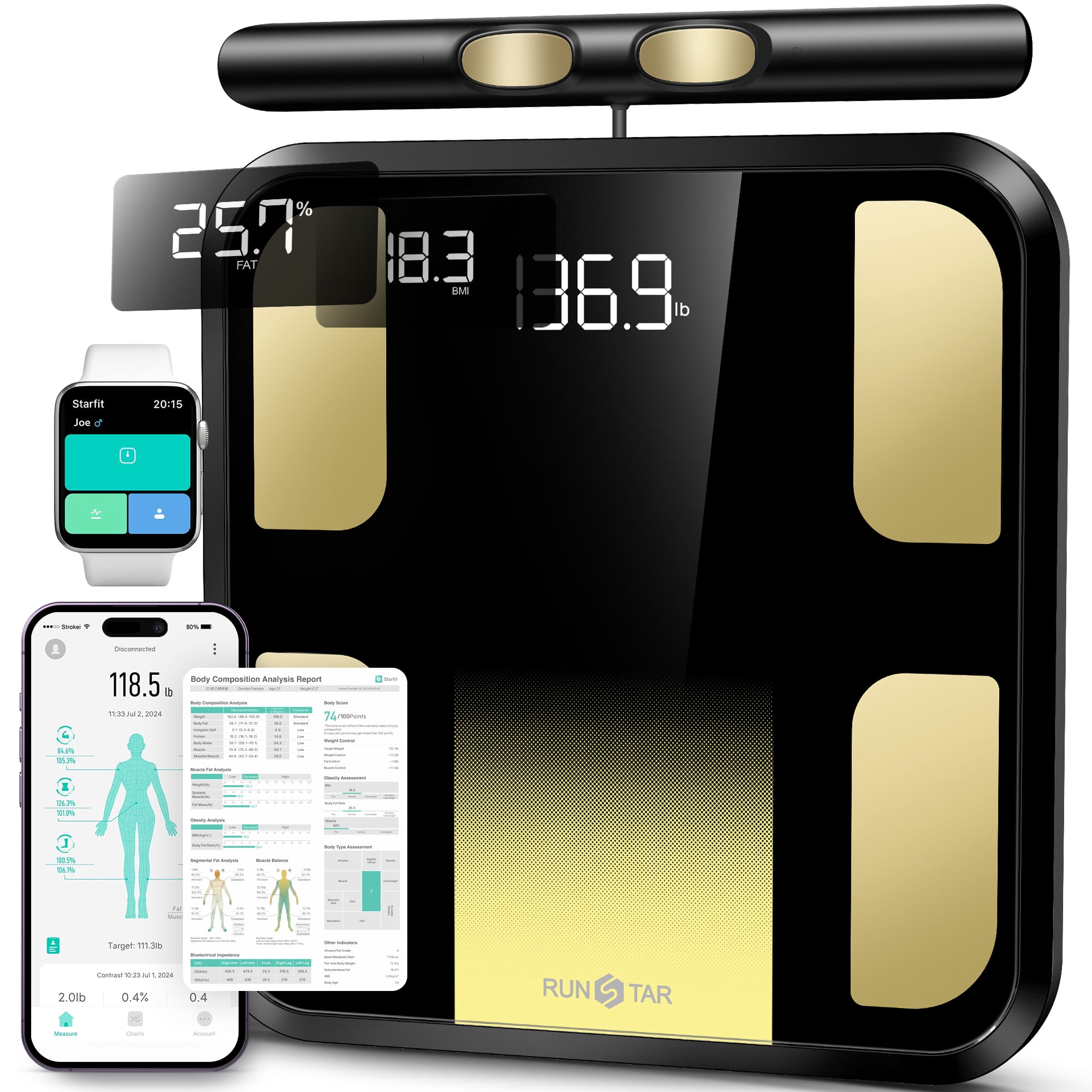 Runstar 8-Electrode Scale for Body Weight, 3-Metric LED Display on Retractable Handle, APP Sync 50 Body Metrics, 400lb, BlackGold