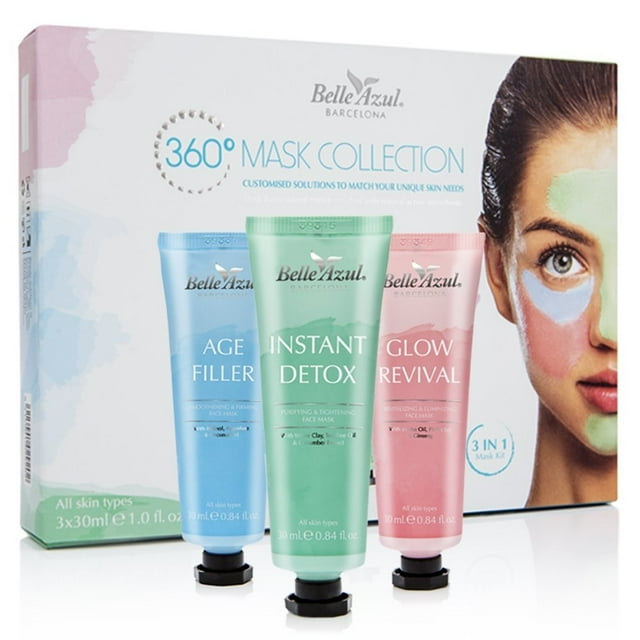 Belle Azul 360 Mask Collection - 3 Piece Face Mask Kit with Shea Butter - Anti Aging, Moisturizing and Detoxifying Face and Neck Masks - No Parabens or Phthalates (3x30ml /3x1.0fl.oz)