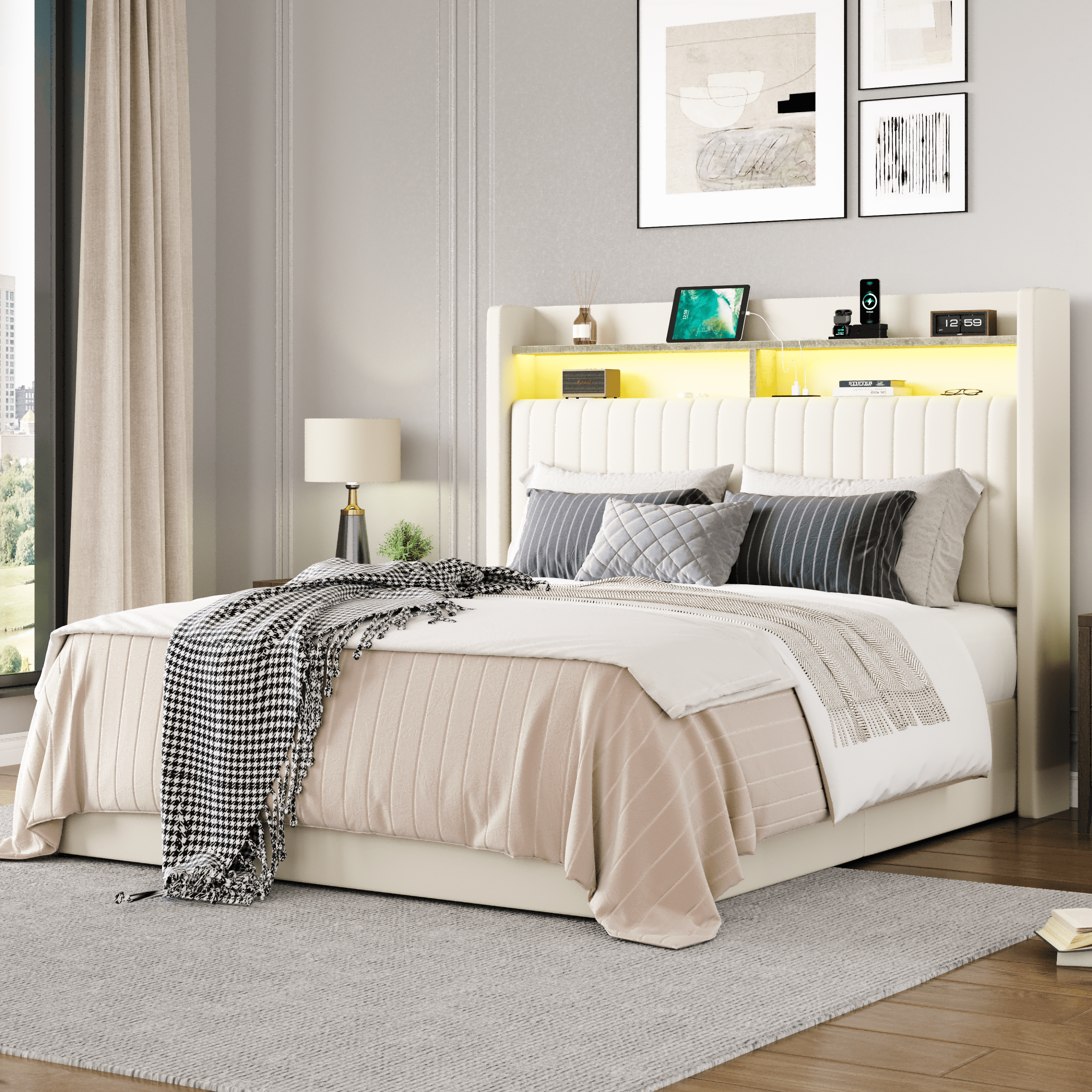 Amolife Full Hydraulic Lift-Up Storage Bed Frame, LED Headboard with Fast Charging (USB/Type-C), 2-Tier Shelves & Velvet Upholstered, Cream