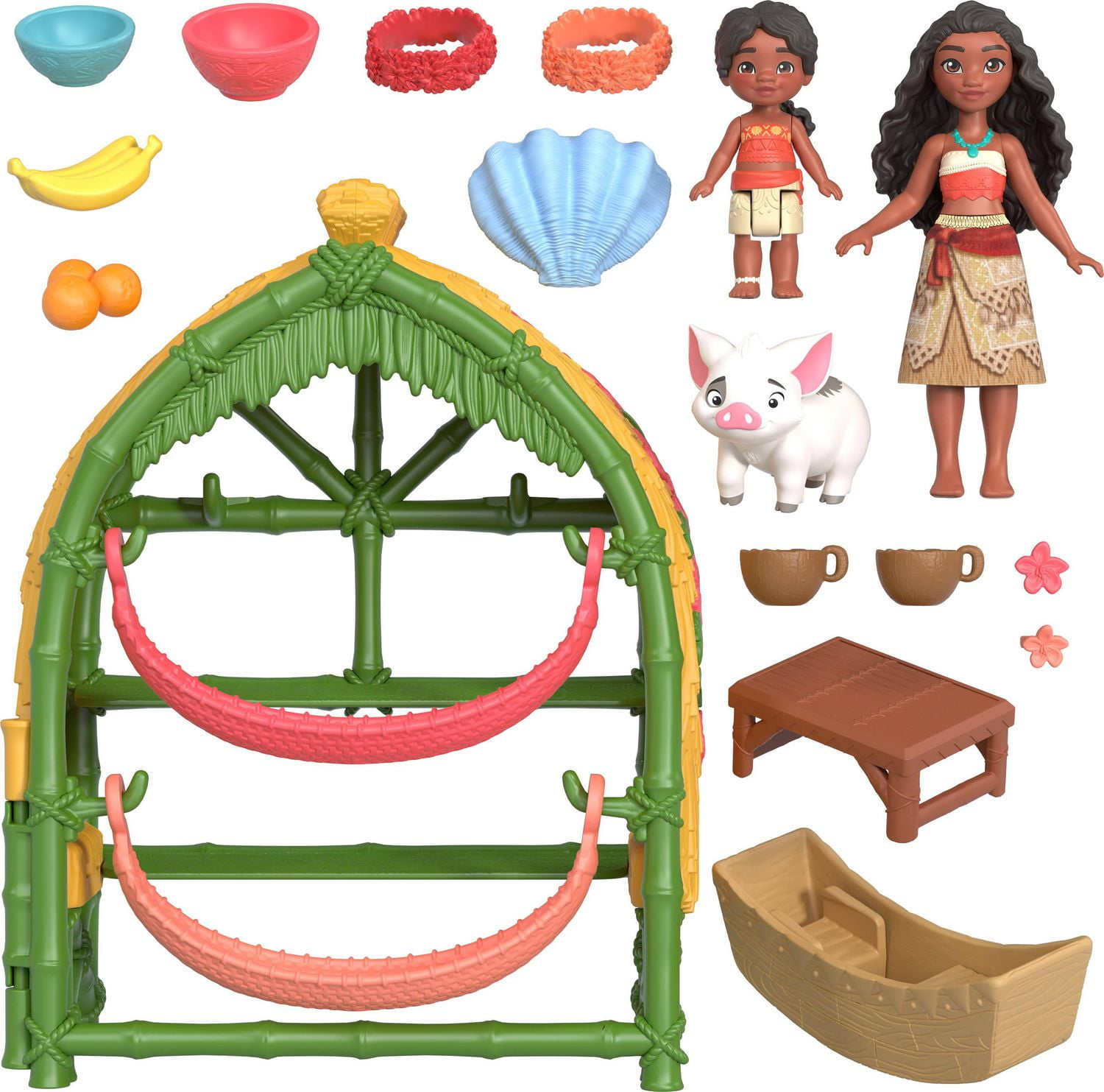 ​Jouets ​Moana 2 de Disney de Mattel, coffret de jeu Maison de village de Moana et Simea avec 2 petites poupées, figurine Pua et 15 accessoires Âges 3+