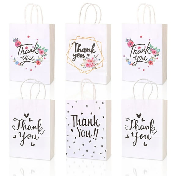 6 Pack Thank You Gift Bags, Paper Gift Bags with Handles, 8.3"x 6"x 3.1" Small Kraft Paper Bags, Elegant Party Favor Bags for Birthday Clothing Wedding Boutique