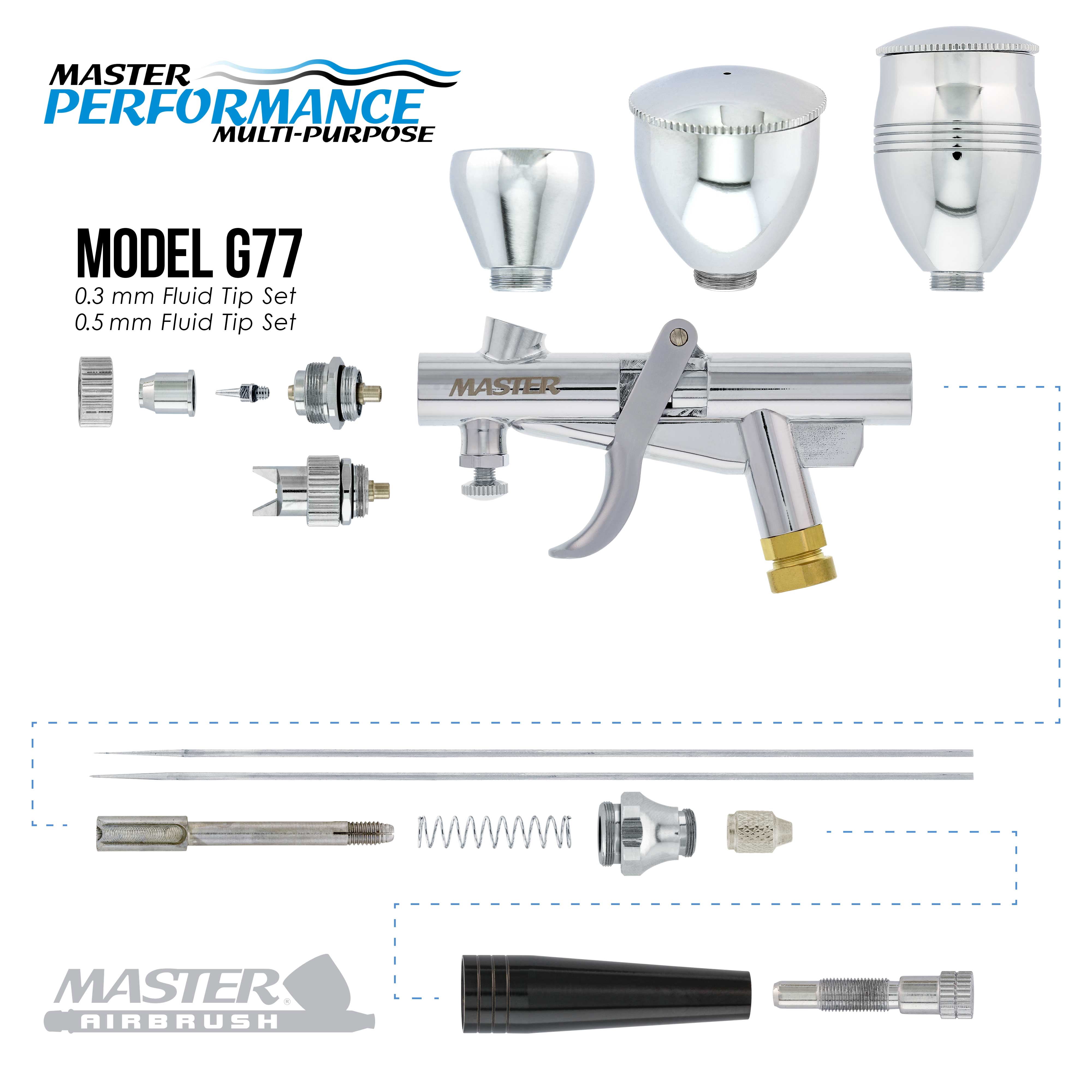 Master Airbrush Model G77 Spray Gun Fan Head, Round Pattern Head Pistol Trigger Airbrush Kit with Cool Runner II Dual Fan Air Compressor, 2 Nozzle Sets (0.3 & 0.5mm), 3 Cup Sizes, Hose