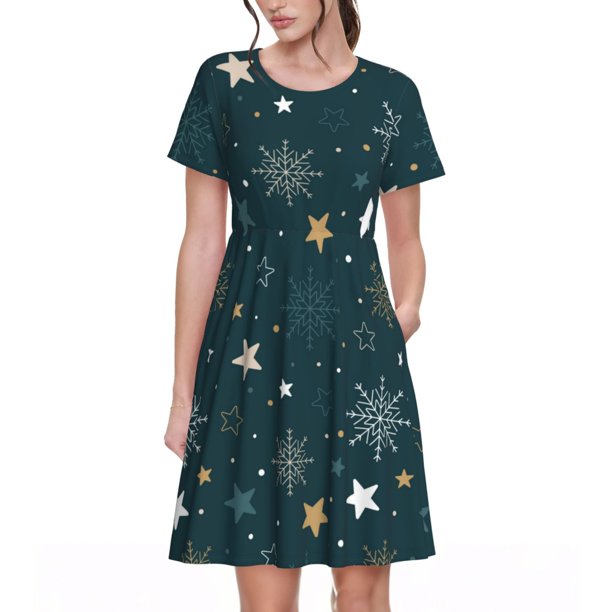 Easygdp Christmas Snowflake para Vestido Transpirable de Mujer, Vestido Suelto de Manga Corta con Pliegues y Bolsillos para el Verano