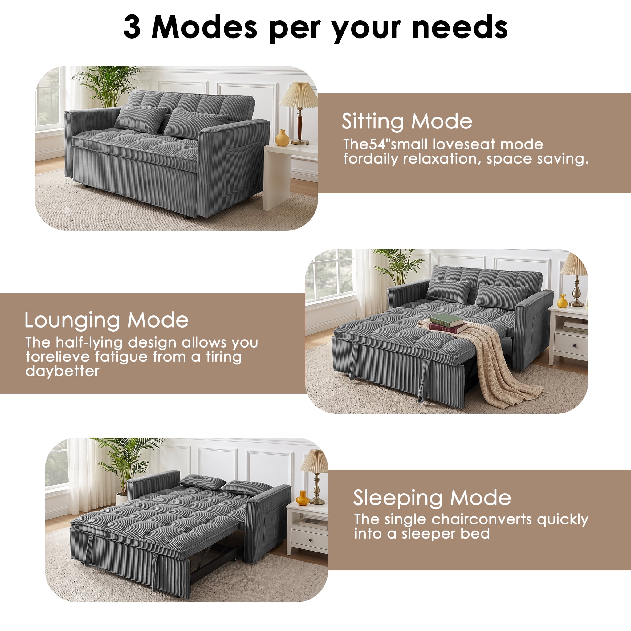 AISWORD Sleeper Sofa Bed, 3-in-1 Convertible Pull Out Couch with Adjustable Backrest for Living Room, Loveseat Sofa Bed with Side Pockets, Dark Gray