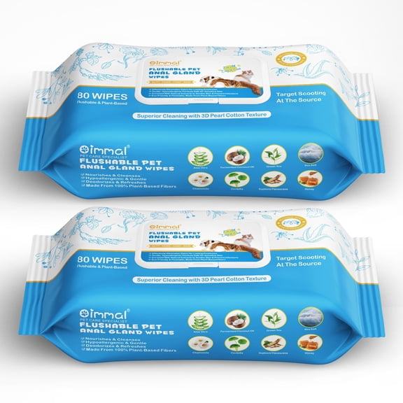 Oimmal Flushable Wipes for Dogs & Cats, Cleansing Deodorizing & Soothing Pets Anal Gland Wipes with Coconut Oil - Dog Grooming Wipes for Butt and Paw - 80 Large (7x8") - 2Pack