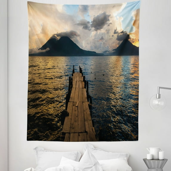 Landscape Tapestry, Wooden Pier on Lake Atitlan Volcanic Mountains Surrounded by Clouds Calm Panorama, Fabric Wall Hanging Decor for Bedroom Living Room Dorm, 5 Sizes, Multicolor, by Ambesonne