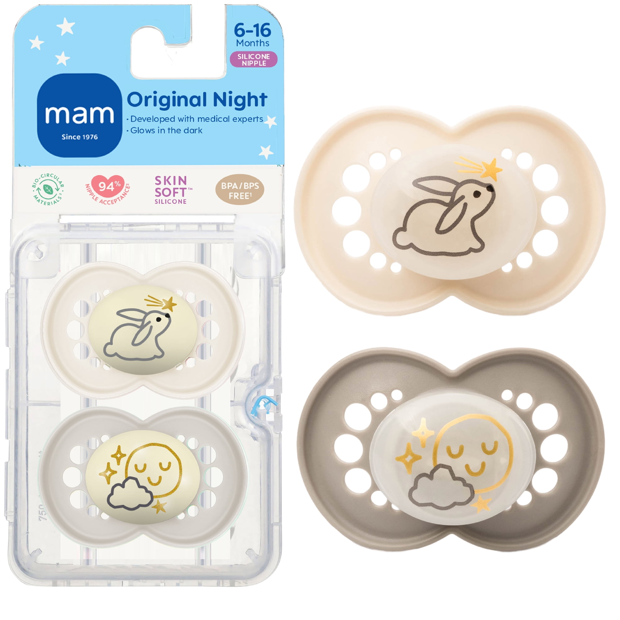 MAM Night Pacifier, 6-16 Months, Unisex, 2 pack