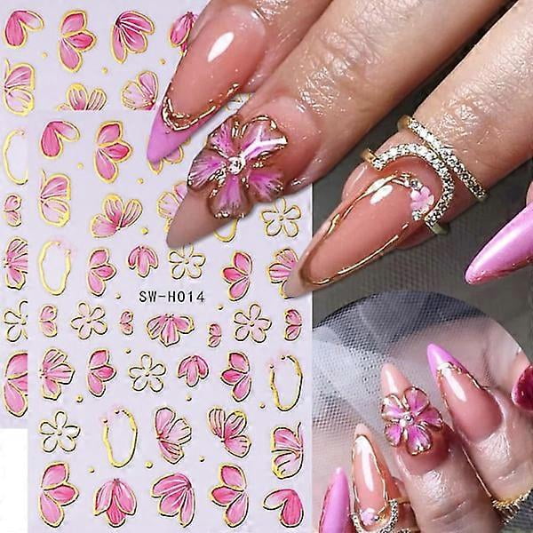 2 Sheets 3D Spring Flower Nail Stickers Cherry Blossom Nail Art Stickers Design Golden Edge Pink Floral Nail Decals