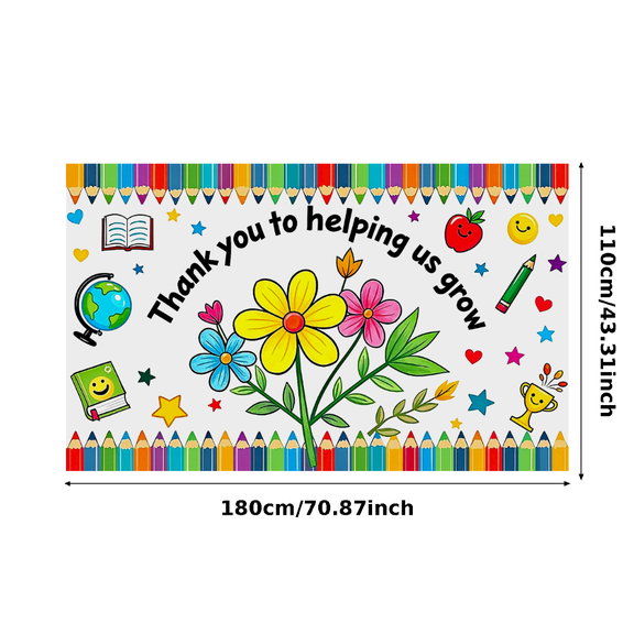 Colorful Thank You Banner with School Elements like Pencils Books Apples and Flowers for Teacher Appreciation Day Classroom Decorations Party Backdrops Photography Props