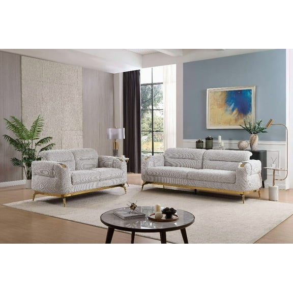 Modern Gray 2PC Living Room Set (Sofa   Loveseat) with Wood & Gold Accents (CA Warehouse Inventory)