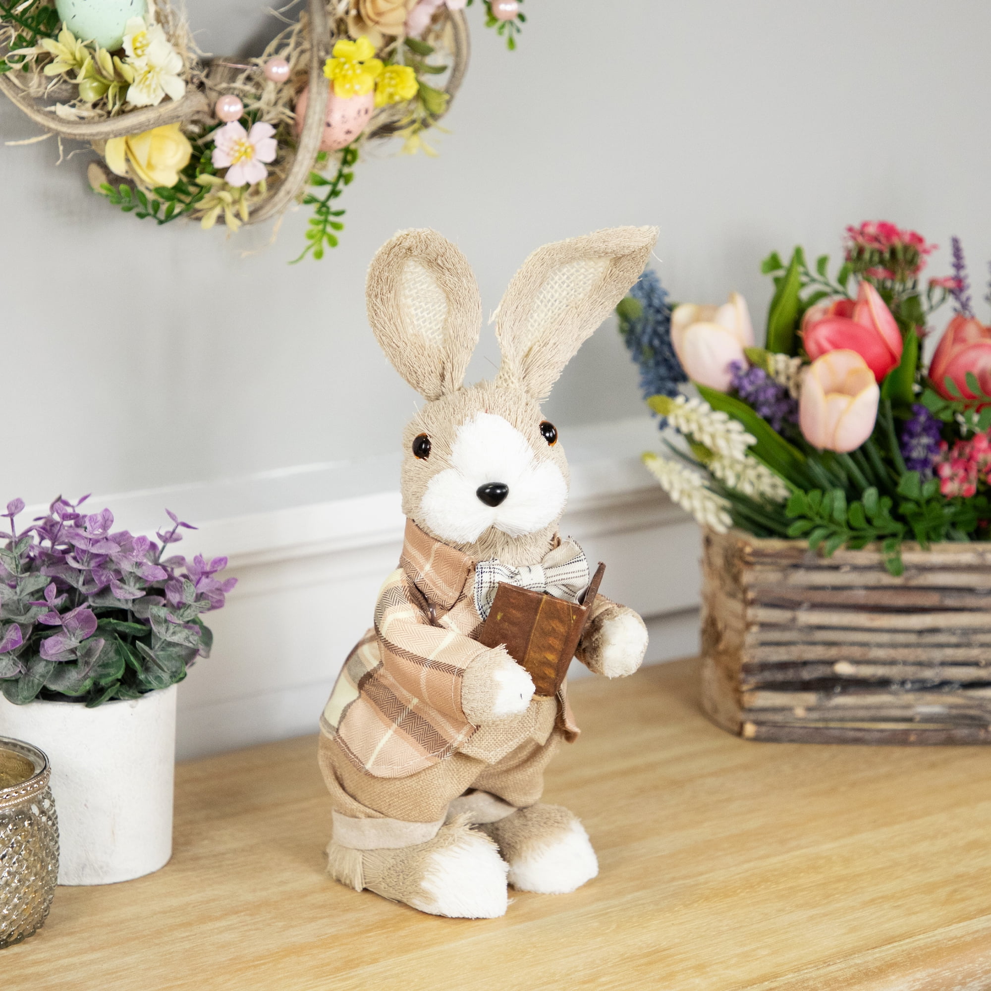 Northlight Boy Easter Rabbit Figurine with Plaid Jacket - 12" - Beige