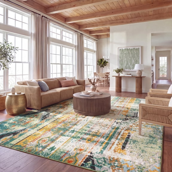 SAFAVIEH Madison Christabella Overdyed Striped Area Rug, Green/Orange, 12' x 15'