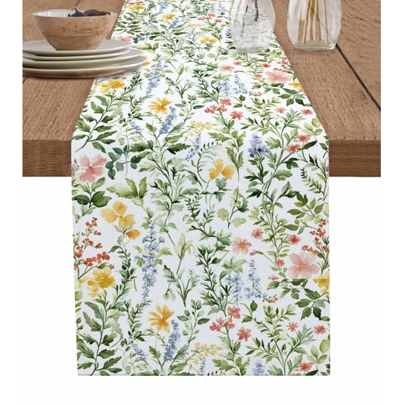 Flowers Leaves Table Runner 36 Inches, Colorful Botanical Nature Plants Herbs Bed Runner Dresser Scarves Tabletop for Indoor Outdoor Parties/Ceremony/Banquet, 13"x 36"