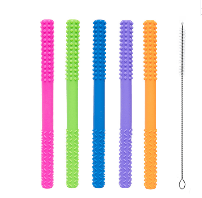 Flexible Hollow Teething Tubes(5Pack-6.8Inches), Soft Silicone Teething Toys for Babies Infants 0-12 Months, 5 Colors Silicone Stick Shape Teether Toys with a Cleaning Brush