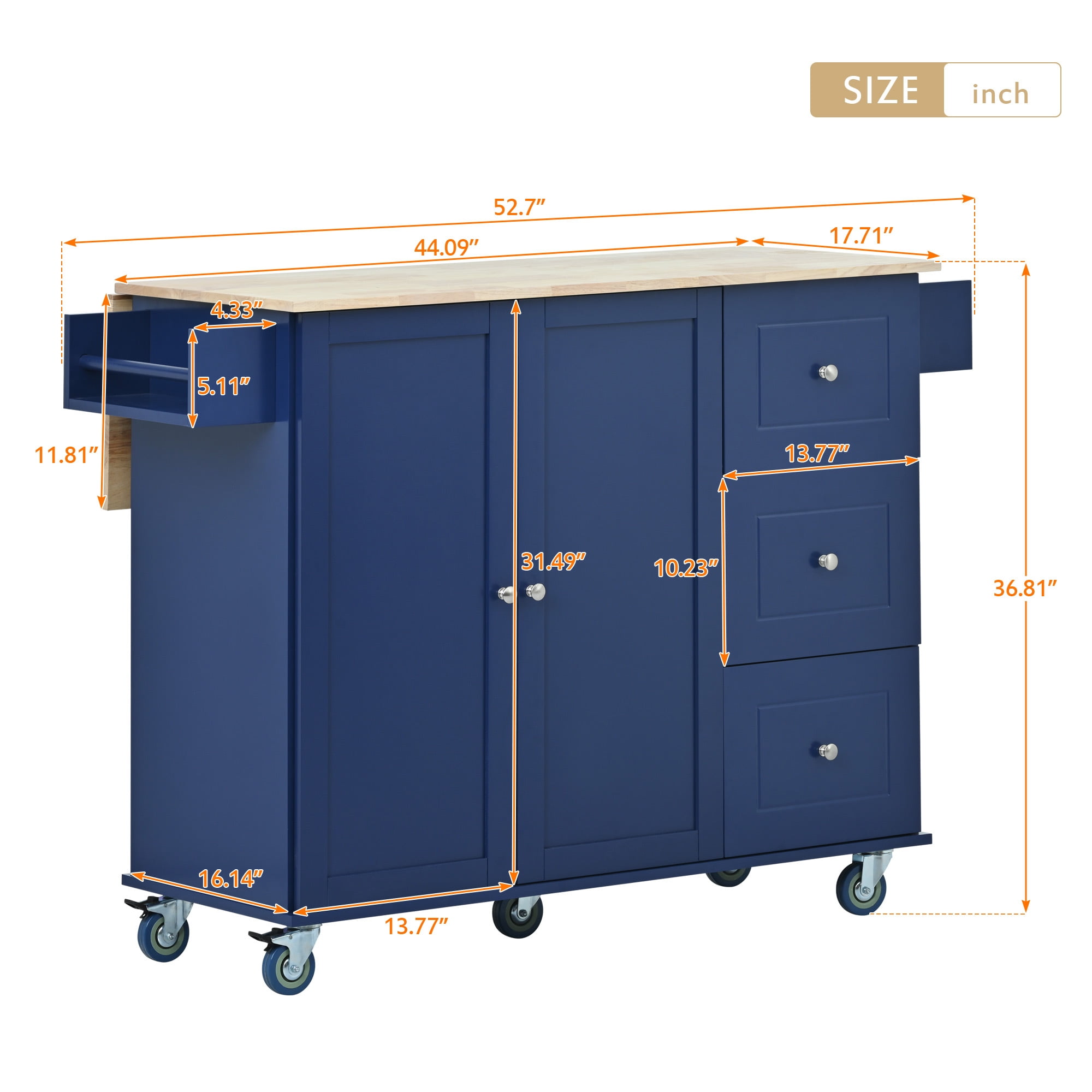 DEALTOPS Rolling Kitchen Islands with Storage Cabinets, Solid Wood Blue, 52.76 in