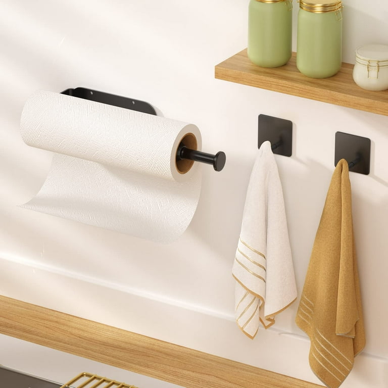 Under Cabinet Paper Towel Holder, One Hand Operation Wall Mounted Paper  Towel Holder with Damping Effect, Self-Adhesive or Drilled Paper Roll Holder  for Kitchen, Bathroom, RV (2 Towel Hooks Included) 