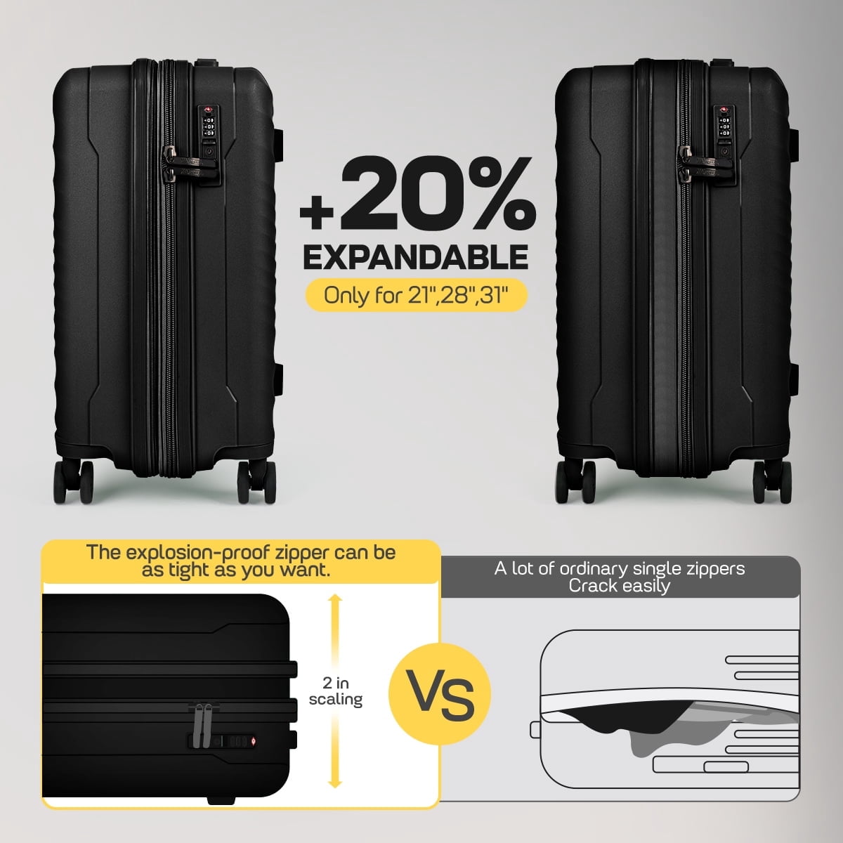 New York Xpress 3-Piece Hardside Luggage Set,20/26/30 Inch Expandable Spinner Suitcases w/TSA Lock, Black - DQ135