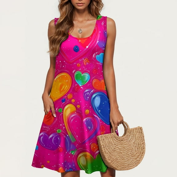 Axiiglly Summer Dress for Women Casual Flowy Beach Dress with Pockets Swing Vacation Boho Sundresses Valentine Heart Print Tank Dresses Loose Sleeveless Mini Dress