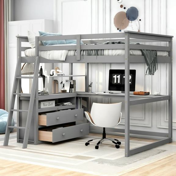 MAYEERTY Full Size Loft Bed - Desk, Shelves & 2 Built-in Drawers, Gray