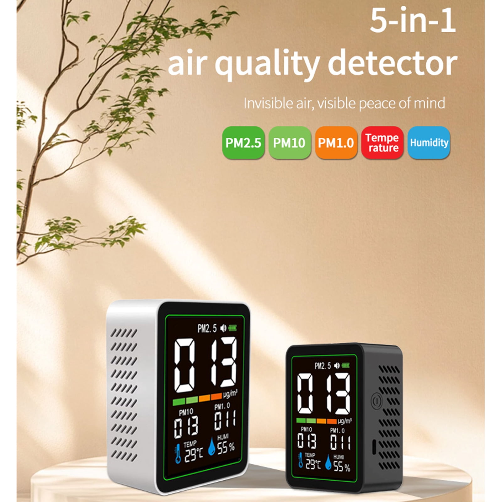 5-in-1 Indoor Air Quality Monitor with LCD Color Screen - Real-Time PM1.0 PM2.5 PM10, Temperature & Humidity Sensor, USB-C Rechargeable, Portable Design