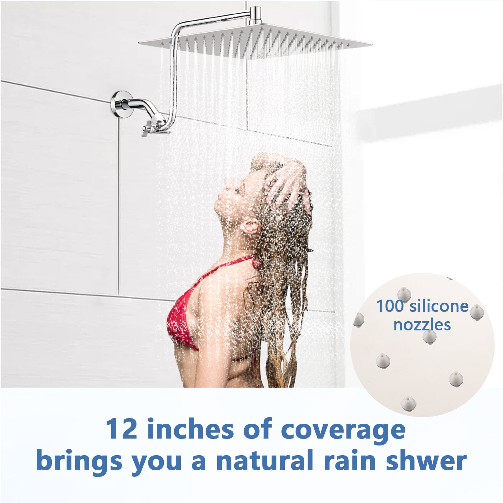 Freestanding Bathtub Faucet, 12 inch Adjustable Extension Arm High-pressure Rain Shower Head, Rain Fixed Shower Head, Freestanding Tub Filler,Stainless Steel Standalone Tub Faucet
