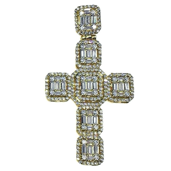 14K Gold Plated Over Solid 925 Sterling Silver Cross Pendant CZ Baguettes Hip Hop Charm