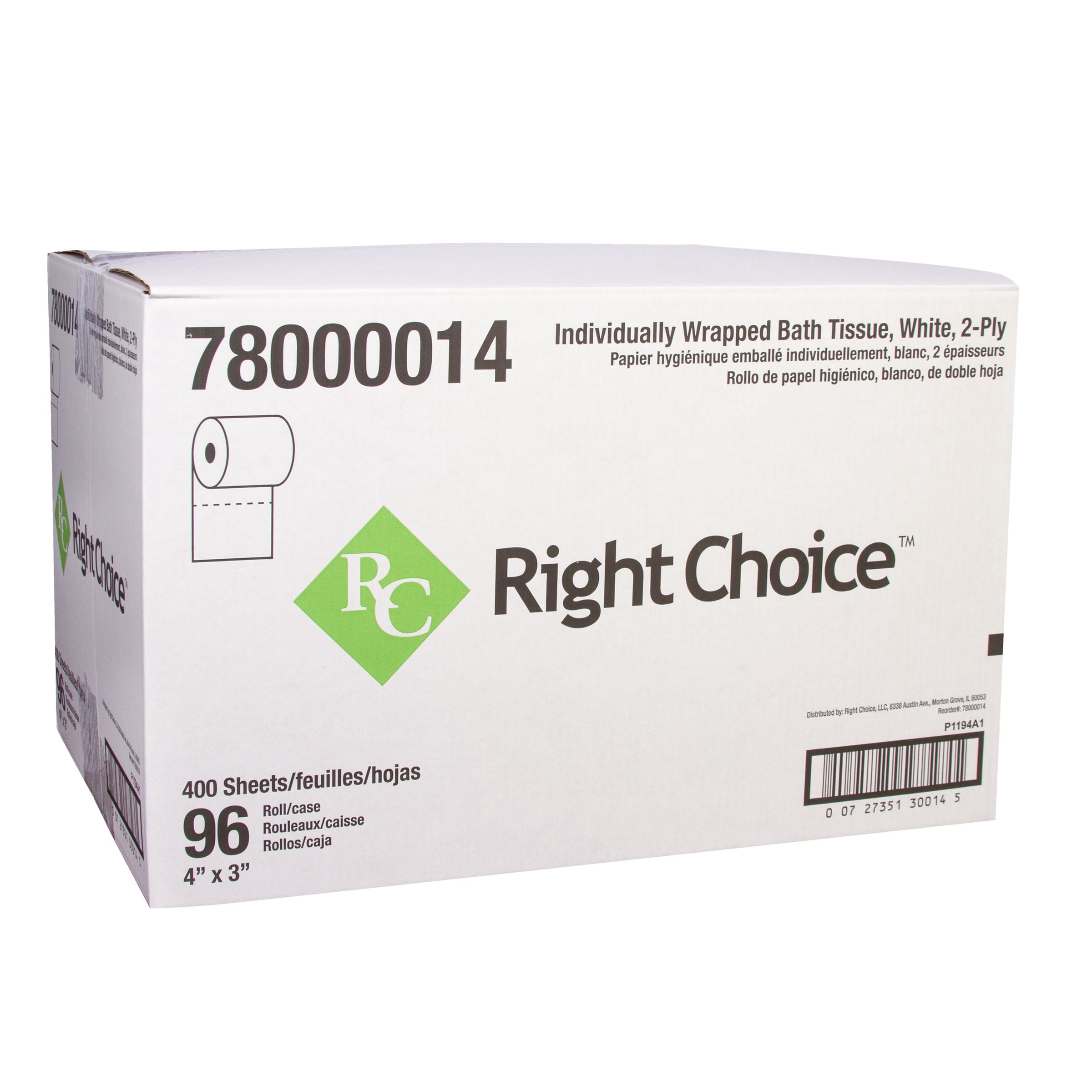 Right Choice White 2 Ply Paper Toilet Tissue, 4 x 3 inch, 400 sheets per roll -- 96 per case