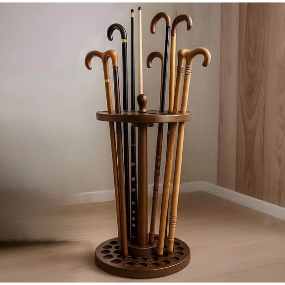 Antique Brown Wooden Cane & Cue Stick Stand | 30-Hole Solid Wood Holder with Folding Design | 24-Inch Vintage Cane & Billiard Cue Organizer