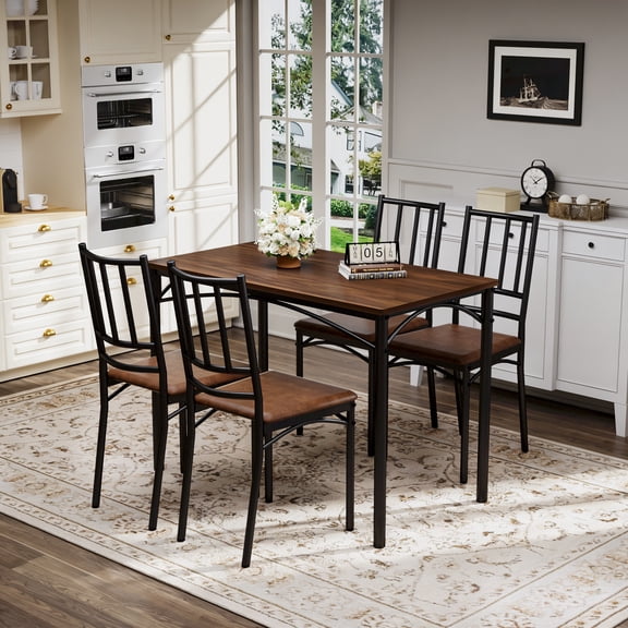 PORKISS 5-Piece Small Space Dining Set, 1 Table and 4 Chairs, Wood and Steel, Dining Table Set for 4 with Comfortable PU Seats, Walnut Black