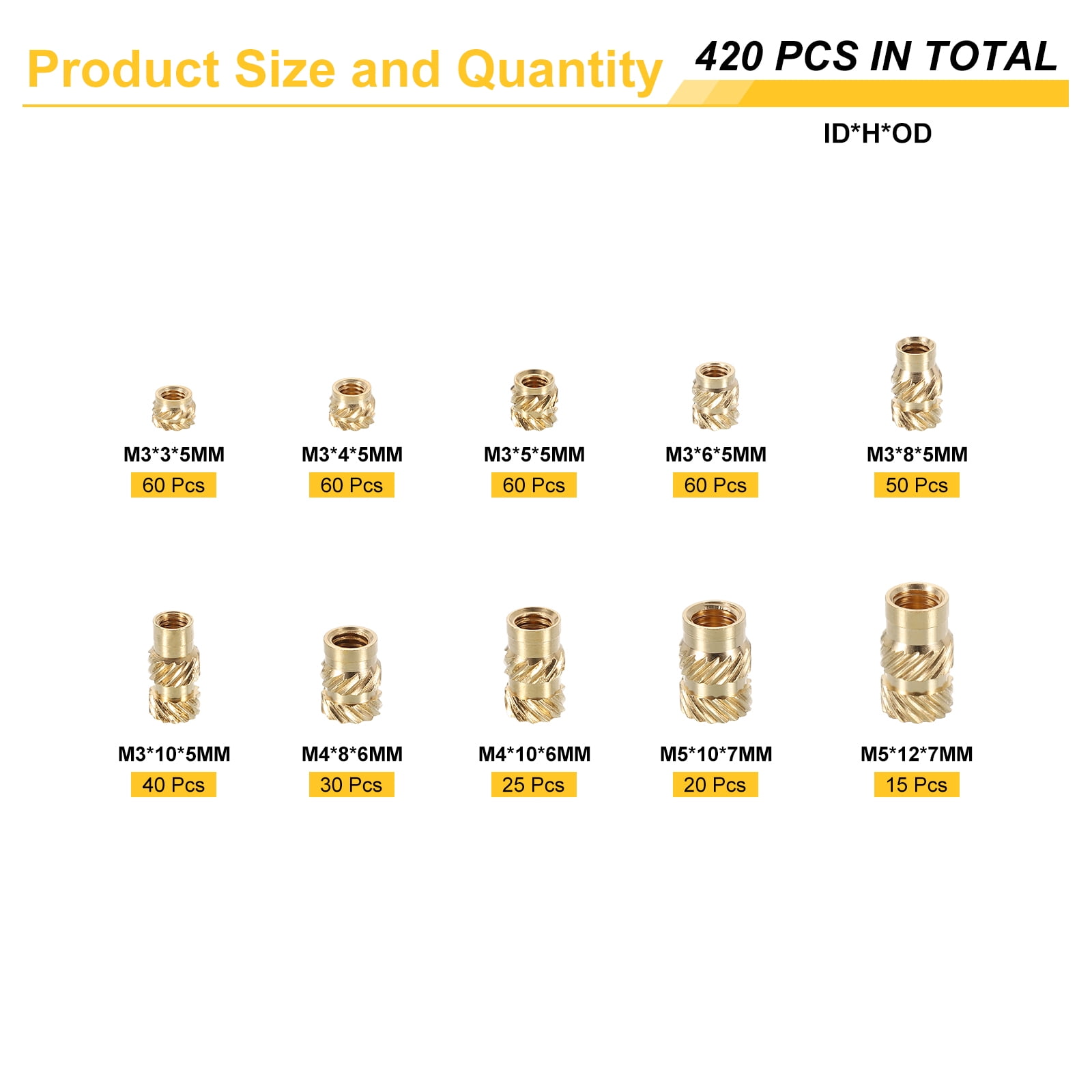 Uxcell 420pcs M3 M4 M5 Metric Threaded Inserts Brass Heat Set Insert Knurled Nuts Assortment Kit, 3D Printing Brass Nuts Female Threaded Inserts Nuts with Heat Set Insert Tips