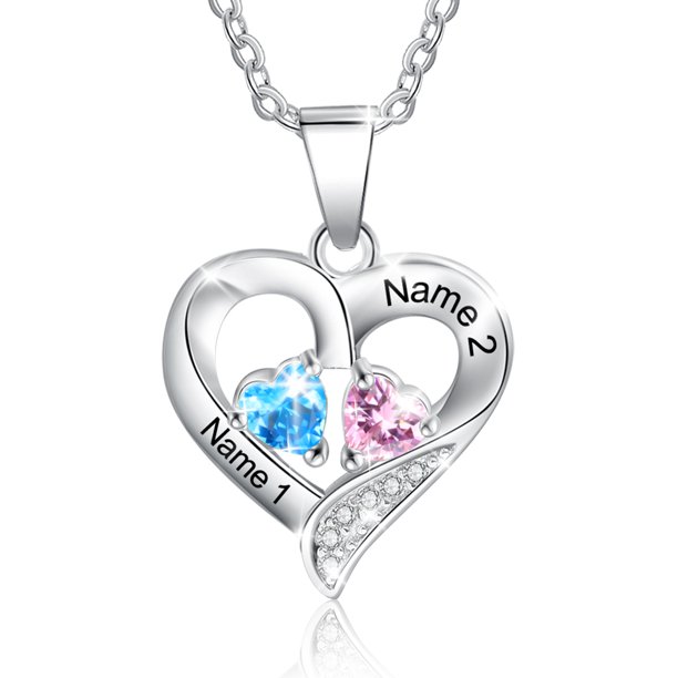LORA Jewelry Custom Personalize Heart Necklace for Couple 2 Birthstone