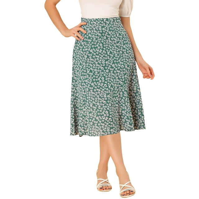 Unique Bargains Jupe Midi Trapèze pour Femme, Imprimé Feuilles, Sarcelle, TG