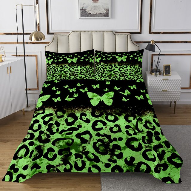 Erosebridal Ensembles de Courtepointe Chic à Papillons pour Lit Simple, Ensemble de Literie à Imprimé Léopard Vert pour Filles, 2 Pcs