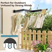 JAUREE Clothes Drying Rack Wall Mounted, Laundry Drying Stand Collapsible, Tri-Fold Retractable Rack Space Saving Outdoor Indoor with 18 Hooks, Black