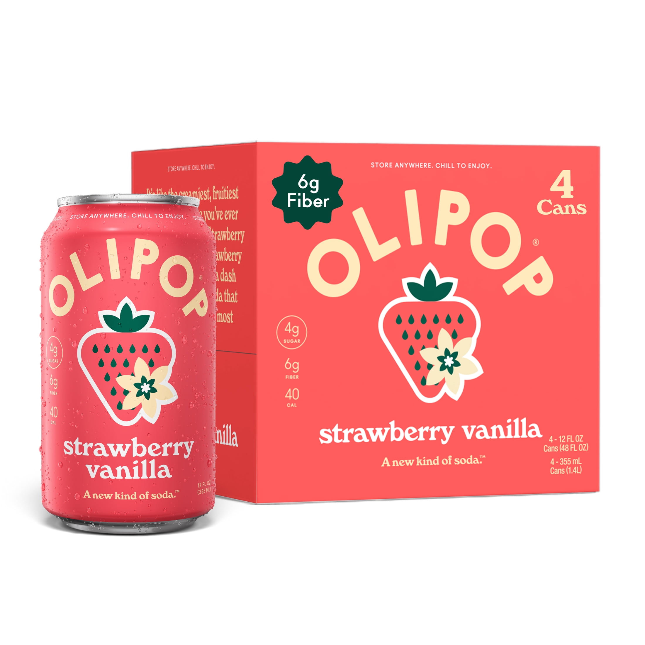 (2 pack) OLIPOP Prebiotic Soda, Strawberry Vanilla, 12 fl oz, 4 Pack, Pantry Packs