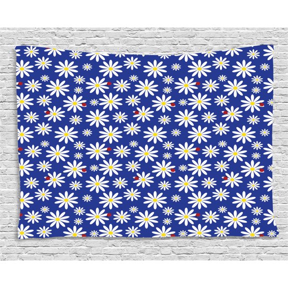 Ladybugs Tapestry, Daisies Pattern with Spring Bugs Blooming Nature Illustration, Wall Hanging for Bedroom Living Room Dorm Decor, 60W X 40L Inches, Vermilion Navy Blue and Yellow, by Ambesonne