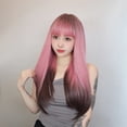 thumbnail image 4 of Peluca sintética recta con flequillo para mujer, pelo Natural largo, resistente al calor, Cosplay colorido, Ombre, Negro, Rosa, 4 of 4