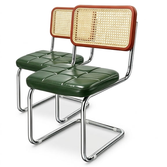 2 PCS Cantilever Dining Chair, Rattan Woven Back Side Chair, Faux Leather Padded Seat, Chrome Metal Frame, Mid-Century Modern Chair for Dining Room Kitchen Living Room