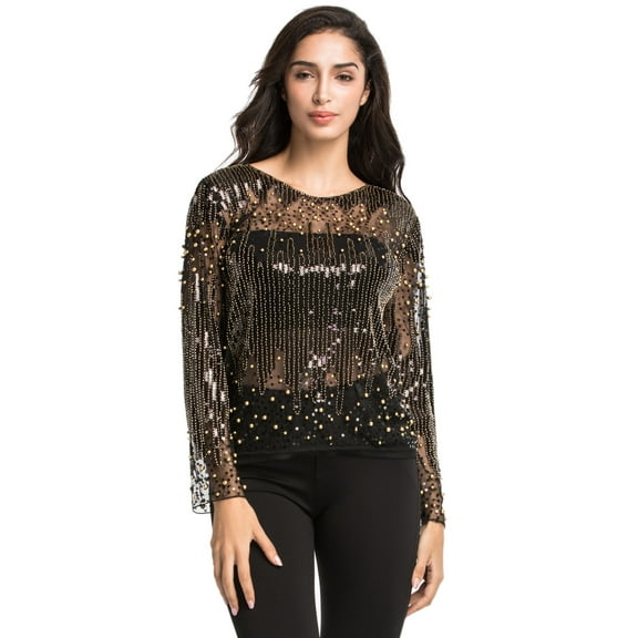 PrettyGuide Women's Sequin Blouse See Through Party Tops Beaded Sparkly Shirts XL Gold