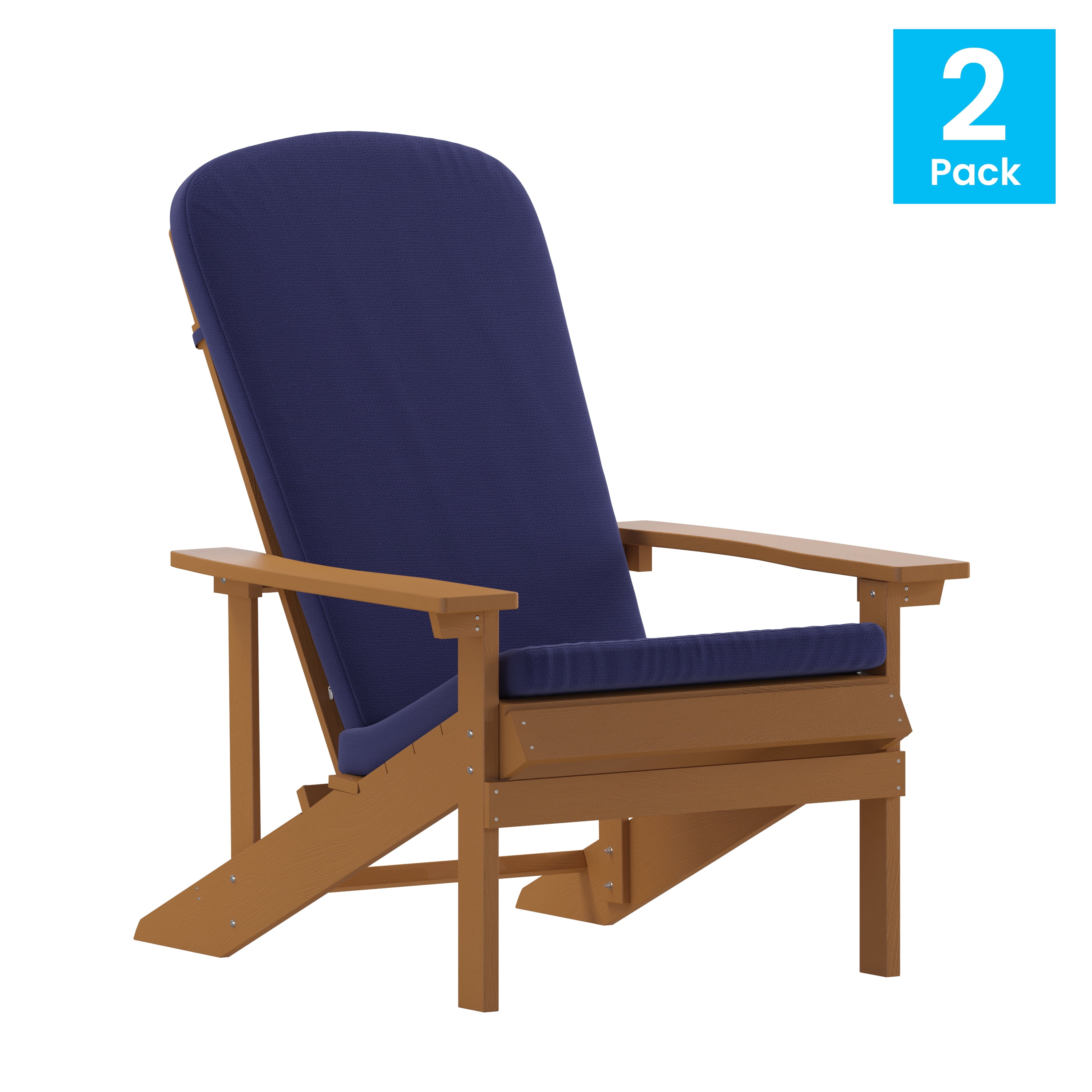 BizChair Set of 2 All-Weather Poly Resin Wood Adirondack Chairs in Teak with Blue Cushions for Deck, Porch, and Patio